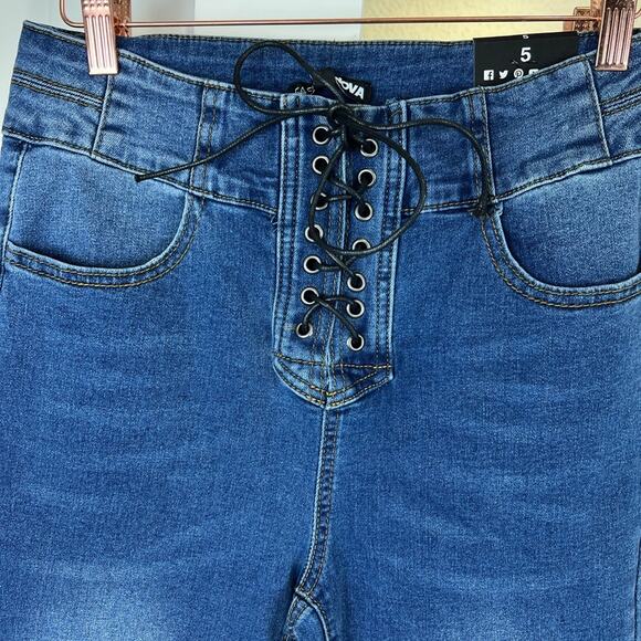 Fashion Nova Lace Up To It Stretch Skinny Jeans - Medium Blue Wash - Picture 7 of 13